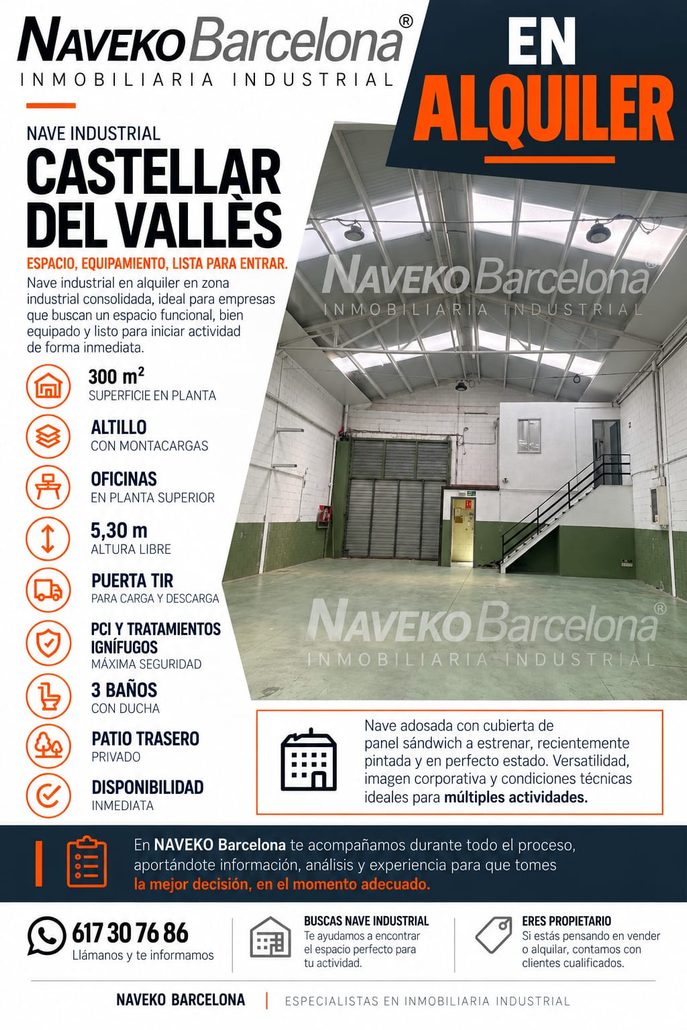 Interior nave industrial en alquiler Castellar del Vallès con altillo y puerta TIR